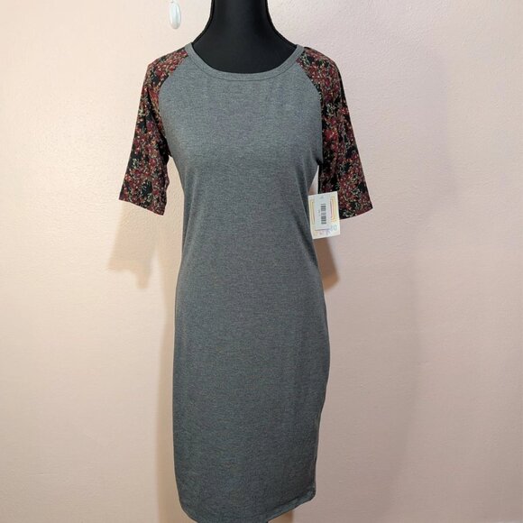 Lularoe Raglan Sleeve Gray Burgundy Print Julia Dress Size S - Picture 2 of 11